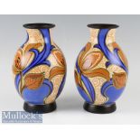 Pair of Plazuid Gouda, Holland Ceramic Vases with stylised leaf decoration, both marked to bases