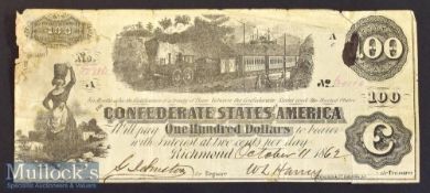 Confederate States Of America, Richmond 1862. Banknote for $100, Vignette of passenger Train of