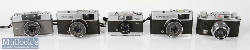 Selection of Vintage SLR cameras to include Rollei B35 Triotar 3.5/40, Olympus Trip 35 D. Zuiko 1:28