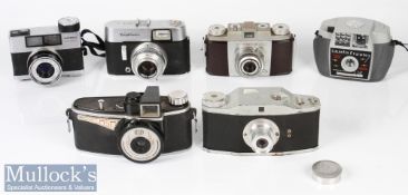 Selection of Vintage cameras to include Agilux agiflash, Agilux Super 44 auto flash, 1950s Purma