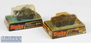 2x Boxed Dinky Toys Military Diecasts 676 Daimler Armoured Car and 680 Ferret Armoured Car, both