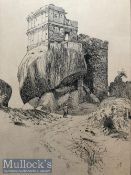 Original Victorian period published pen & ink drawing of Madan Mahal a Gond Fort near Jabalpur,