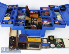 Selection of Camera accessories within cantilever tool box consisting of various viewfinders,