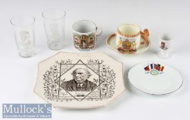 Commemorative Ceramics and Glass Selection (8) incl Victorian William Gladstone plate, Peace 1919