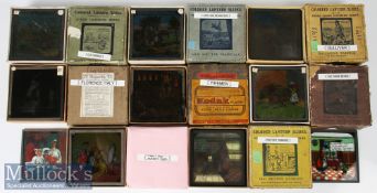 Selection of Coloured Magic Lantern slides in boxes with Firemen, The Three Bears, Junior