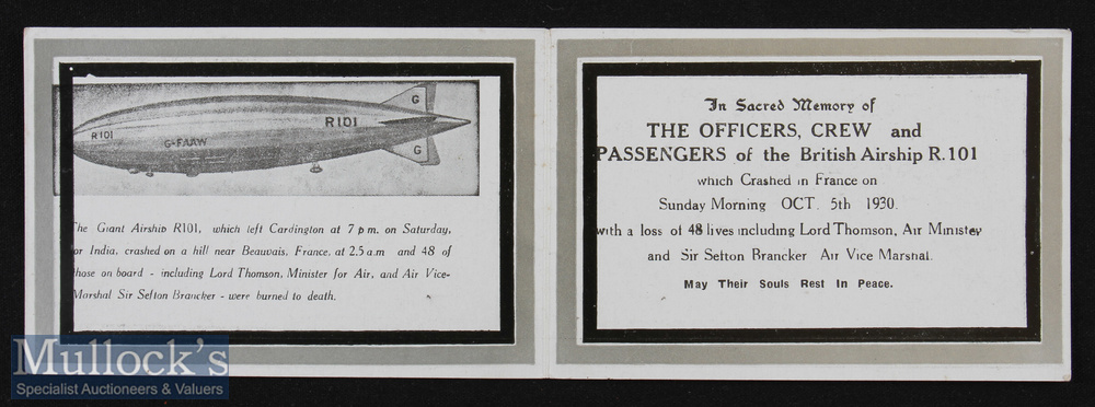 Airship R101 Memoriam Card 1931 With illustration of the Airship, Text giving memoriam and list of