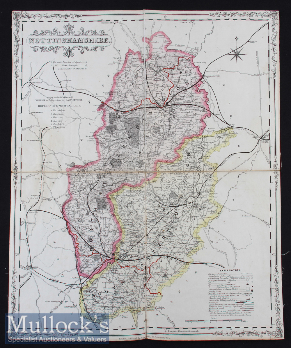 Nottinghamshire Map - Impressive Hand Coloured County Map of Nottinghamshire Circa 1840s - Folding