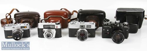 Various vintage cameras including a Zenith EM 35mm camera with Helios-44M 2/58 lens with leather