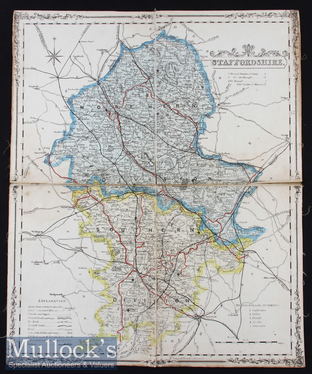 Staffordshire Map - Impressive Hand Coloured County Map of Staffordshire Circa 1840s - Folding