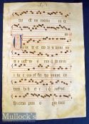 Liturgical Vellum Leaf Circa 1480s. Large impressive scripted sheet of Choral music with finely
