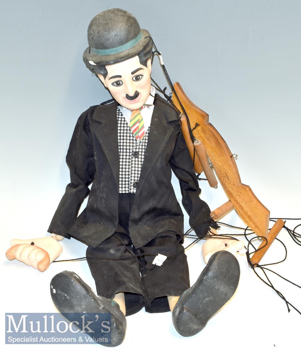 Charlie Chaplin Wood and Plaster Marionette in traditional black suit, waistcoat and tie with wooden - Image 2 of 2