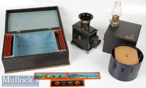 Ernst Plank Lantern and glass slides within box, with oil burner, casing is of tin