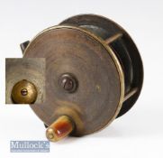 Rare Reuben Heaton’s Pat 3250 4 ½” all brass reel with large horn handle, 4 pillar construction,