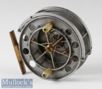 Fine S Allcocks Aerial 4 ½” alloy centre pin reel with maker’s circular logo to backplate, twin