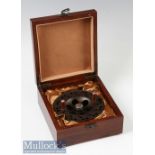 Fine Holland & Wilkinson 4 ¾” centre pin trotting reel in bronze finish, on/off check, with wooden