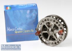 Marco Cortesi 4 ¼” centre pin trotting reel in steel grey finish, twin wood effect handles, spins