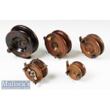 5x various wooden reels mostly strap back and a star back wood and brass example largest measures