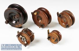 5x various wooden reels mostly strap back and a star back wood and brass example largest measures
