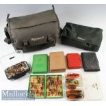 Wychwood green canvas tackle bag, multiple reel case and a selection of fly boxes and flies –