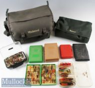 Wychwood green canvas tackle bag, multiple reel case and a selection of fly boxes and flies –