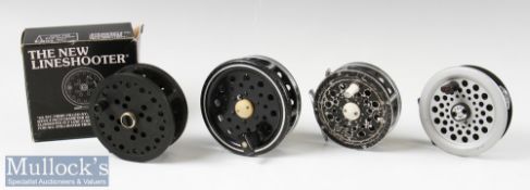 4x various fly reels to include Bob Church The New Lineshooter nylon 3 7/8” trout fly reel appears