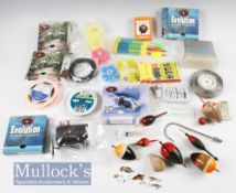 Quantity of fishing accessories to include a novelty coca cola fishing reel, selection of various