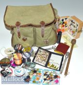 Selection of Fishing Accessories to include a canvas bag with two front pockets, shoulder strap etc,