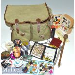 Selection of Fishing Accessories to include a canvas bag with two front pockets, shoulder strap etc,