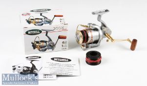 Mitchell 300X Pro Spinning Reel & Spare Spool with gold finish fittings and turned wood handle,