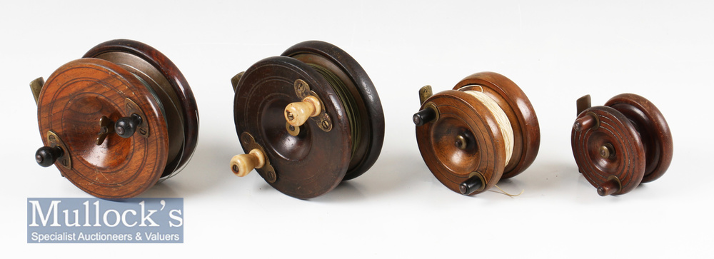 4x Various wood and brass Nottingham reels to include 2x star back 4” reels, a 3” strap back and a 2