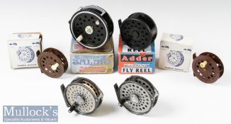 Assorted fly reel selection including 4” Lureflash Salmo salmon fly reel with box, 3 3/8”