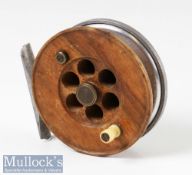 Fine Facile marked 3 1/4” wood and alloy centre pin reel marked Facile to the rear alloy plate,