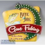 Modern ‘Bite Me - Gone Fishing’ 3D sign measures 35x35cm approx.