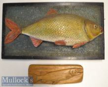 2x Wooden Fish Carvings: Hand painted Roach mounted on wooden plaque overall 6.75” x 12”, and a