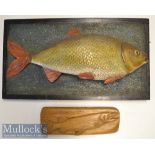 2x Wooden Fish Carvings: Hand painted Roach mounted on wooden plaque overall 6.75” x 12”, and a