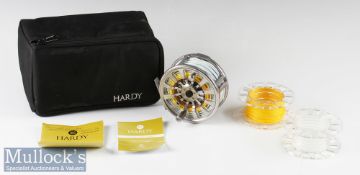 Fine and unused Hardy Demon 9000 Spey fly reel with Hardy Spey floating WF10 line, with 3 cassette