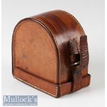 Leather D block reel case appears unnamed internally measures 3.25” length, 1.25” width, some