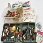Selection of fishing accessories to include Devons, packets of hooks, various spoons (DAM, Cock-