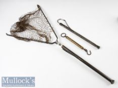 Hardy Bros landing net, gaff and hand held weighing scales the scales marked Salter and Hardy Bros