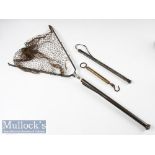 Hardy Bros landing net, gaff and hand held weighing scales the scales marked Salter and Hardy Bros