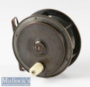 Hardy Bros Alnwick 3¾” Hercules all brass salmon reel with rod in hand and bordered oval maker’s