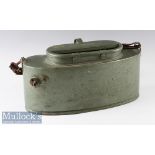 Fishing bait box/tin with ‘Elsner Zug’ to back, with leather strap, measures 40x15x17cm approx,