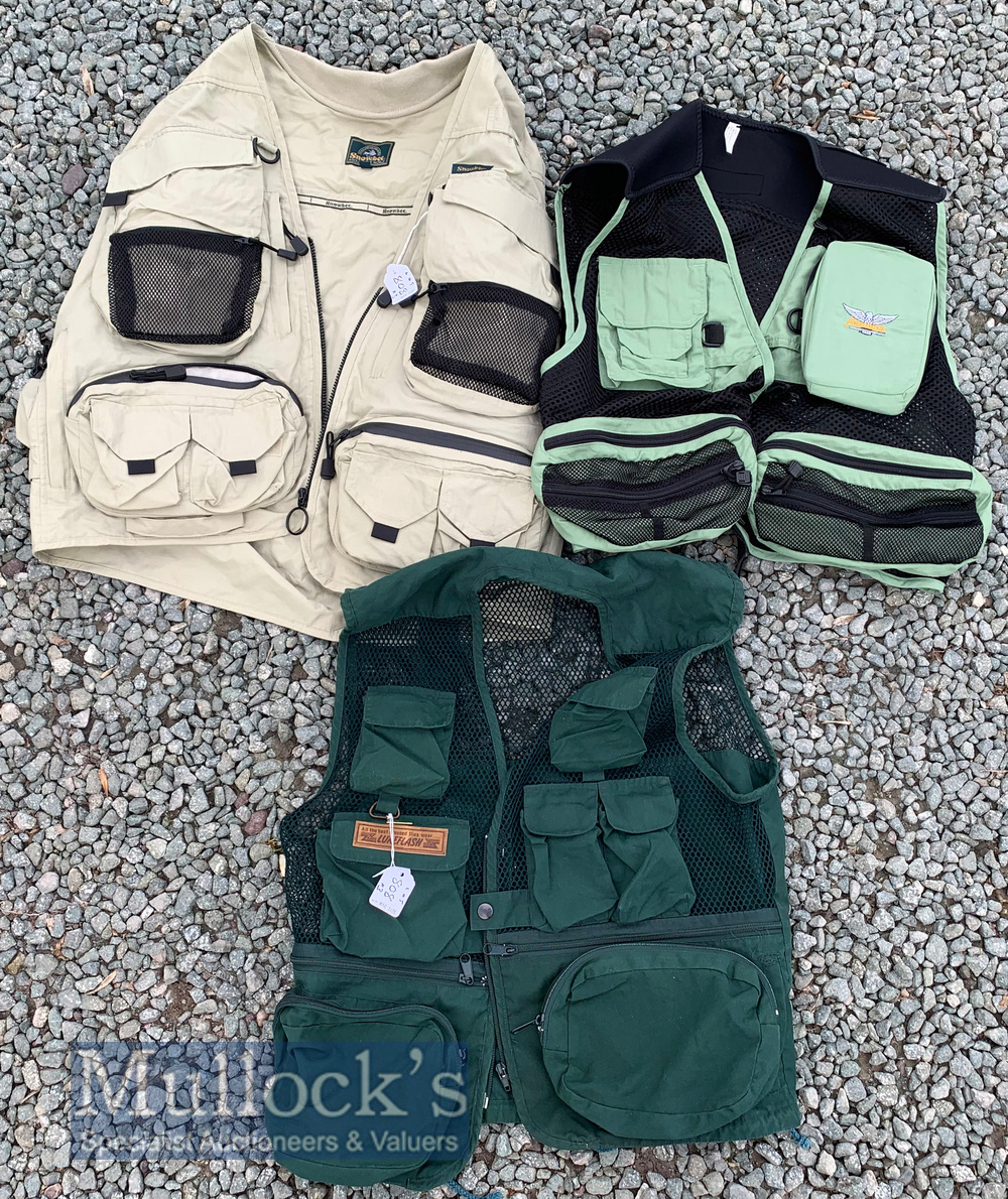 Various fishing waistcoats to include a Fenwick mesh waistcoat size L, Lureflash mesh waistcoat size