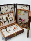 3x Wooden fly cases with flies included, a Leeda case 31x20x4cm approx., a double sided Frames of