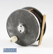P D Malloch Perth 4 ¼” alloy wide drum salmon fly reel with centre brake patent, smooth brass