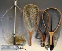 Collection of various modern wooden tennis racket style trout landing nets et al (4) - Abu Garcia