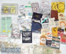 Quantity of assorted fishing leaders and casts mostly within packets, plus barbed hooks, fish hook