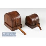 Large unnamed leather D block reel case internally measures 4 ½” length, 2 ¼” width, green lining,