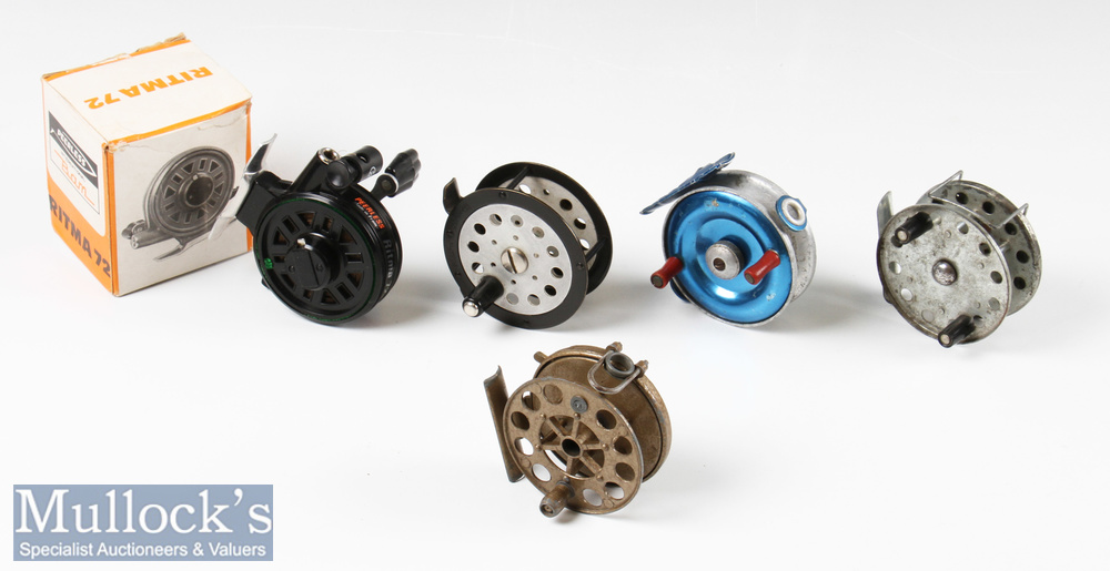 5x Various fishing reels to include Peerless 2 ¾” centrepin with loose handles, plus a Peerless