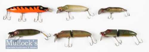 6x ABU Hi-Lo Swedish made plug baits most with maker’s marks, from 2 ½” to 4” examples
